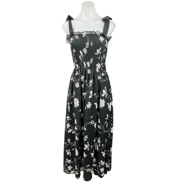 Shein Black Floral Ruffle Bow Strap Smocked Sleeveless Maxi A Line Dress Size 4 - Picture 1 of 7